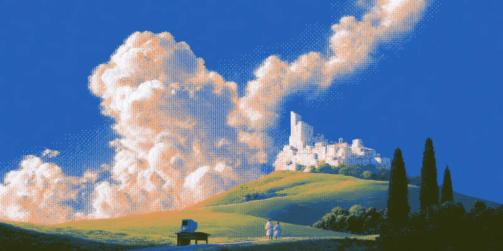 A stippled illustration of green hills under tall clouds, a hilltop town in the distance and an old computer on a desk in the foreground.